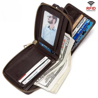 Men's genuine leather wallet, top layer, cowhide, short coin purse, zipper, vintage leather goods men's bag 4