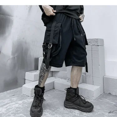 Men summer ribbons hip hop cargo shorts casual streetwear shorts mens harajuku punk short pants bermuda homme 5