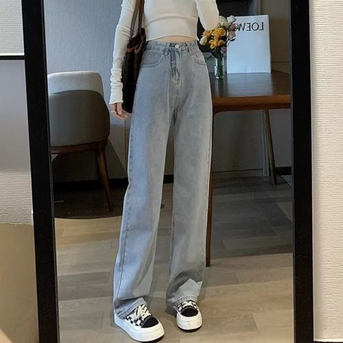 Woman Vintage Wide Leg Jeans Girls High Waist Pants Female Fashion Black Black Grey Retro Blue Light Blue Pink Denim Trousers