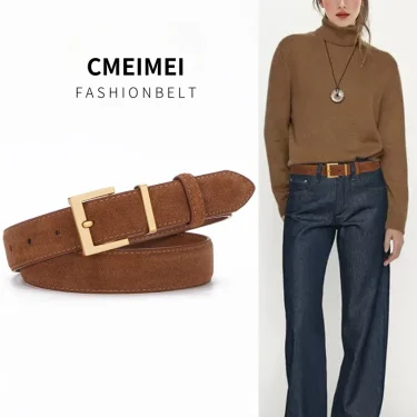 Luxury Cowhide Suede Belt for Women, Double Genuine Leather with Square Alloy Buckle for Fashionable Dresses and Jeans 1