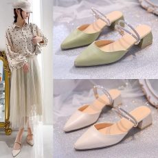 Women Mules Shoes Summer New Pointed Toe Chunky Heels Ladies Slippers Fashion Plus Size Dress Party Mid Heel Shoes Women