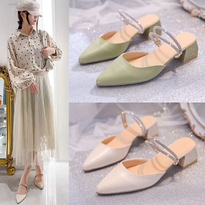 Women Mules Shoes Summer New Pointed Toe Chunky Heels Ladies Slippers Fashion Plus Size Dress Party Mid Heel Shoes Women