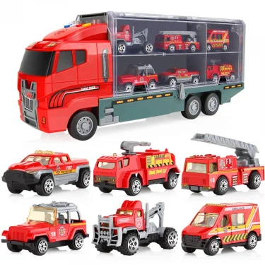 Big Construction Car with 6pcs Mini Cars Kids Toy Container Transporter Engineering Vehicle Fire Truck Racing Car Children Gifts 5