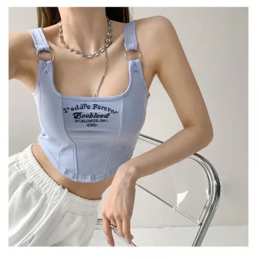 Striped bra pad sexy tank top Y2K solid color short women's T-shirt tank top exposed navel top sleeveless exposed navel top tank 4