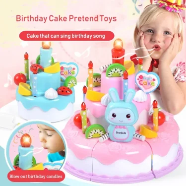 Kids Toy Simulation DIY Birthday Cake Model Kitchen Pretend Play Cutting Cake Toy with Light and Music Blowing Candles Girl Gift 1