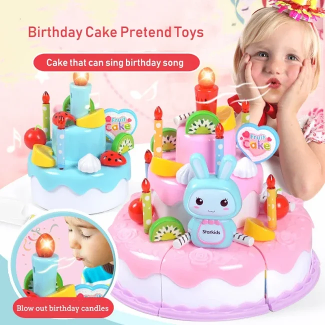 Kids Toy Simulation DIY Birthday Cake Model Kitchen Pretend Play Cutting Cake Toy with Light and Music Blowing Candles Girl Gift 1