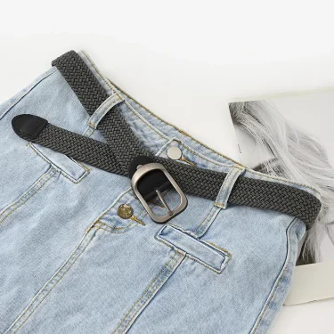 Unisex Eyeless Needle Metal Alloy Rectangle Buckle Woven Women's Belts Elastic Canvas Waistband Casual Pants Jeans Belt for Men 3