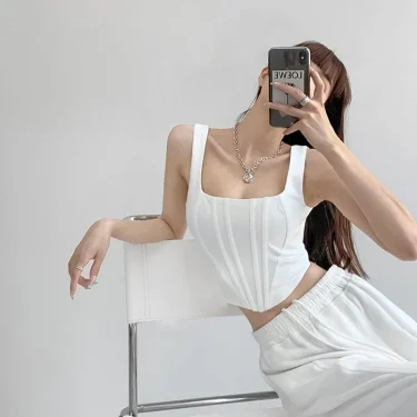 Summer Crop Tops Sexy Square Neck Tight Backless Short Top Sleeveless Tank Tops Women Casual Solid Color Basic Camisole 5
