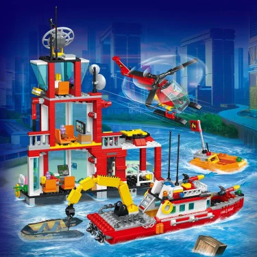 City Oceans Fire Station Blocks Compatible with leg0 Fire Station Set with Fire Station,Fire Helicopter,Fire Ship,Rescue Boat 3