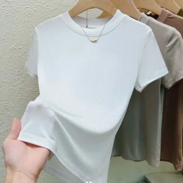 Crew Neck Fashion Women T Shirt Street Casual T-Shirt Solid Plus Size Top Tees Sexy Slim Summer Short Sleeve Women's Clothing 2