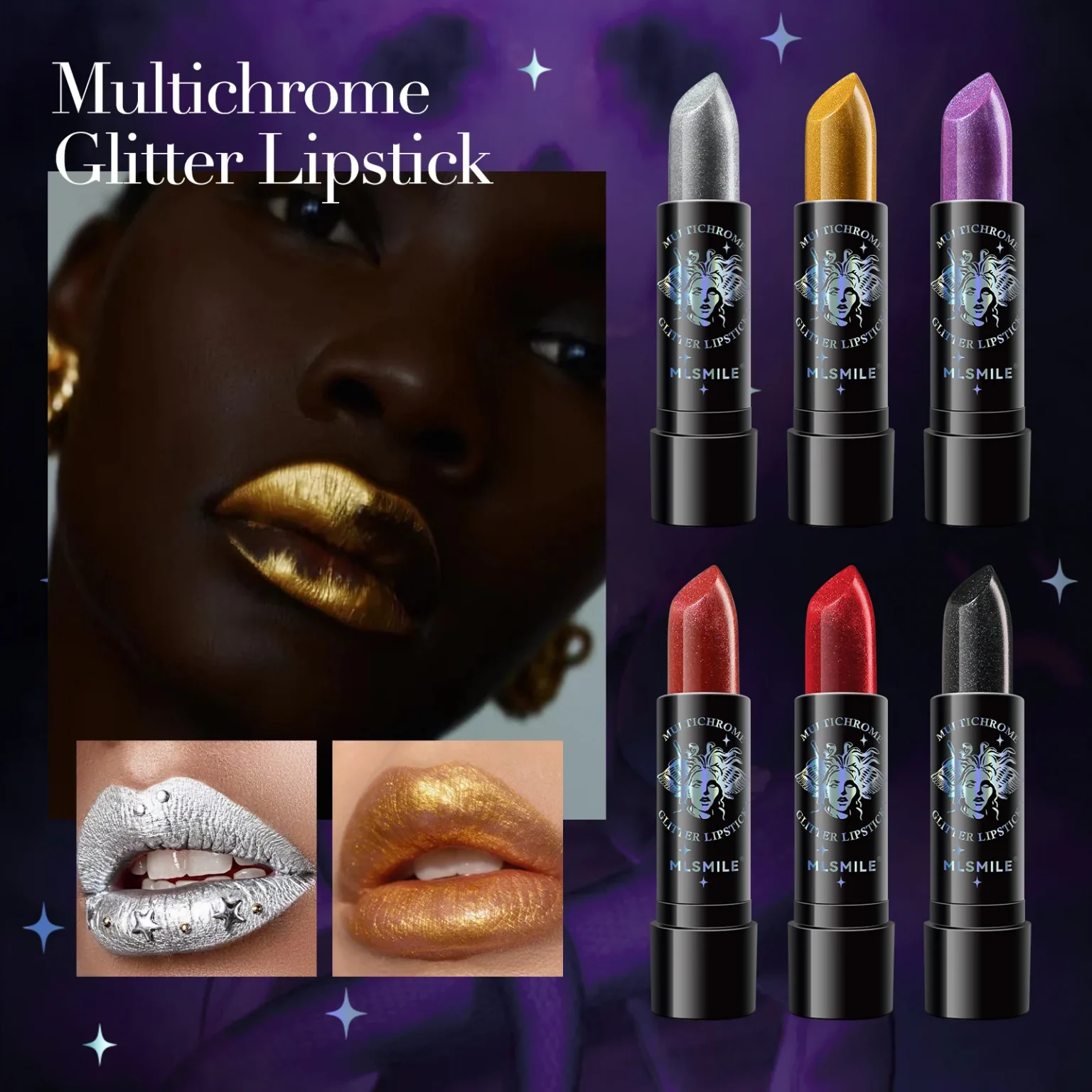6Colors Glitter Lipstick Waterproof Long Lasting Diamond Pearlescent Metallic Lipstick Black Lipgloss Women Lips Makeup Cosmetic 3