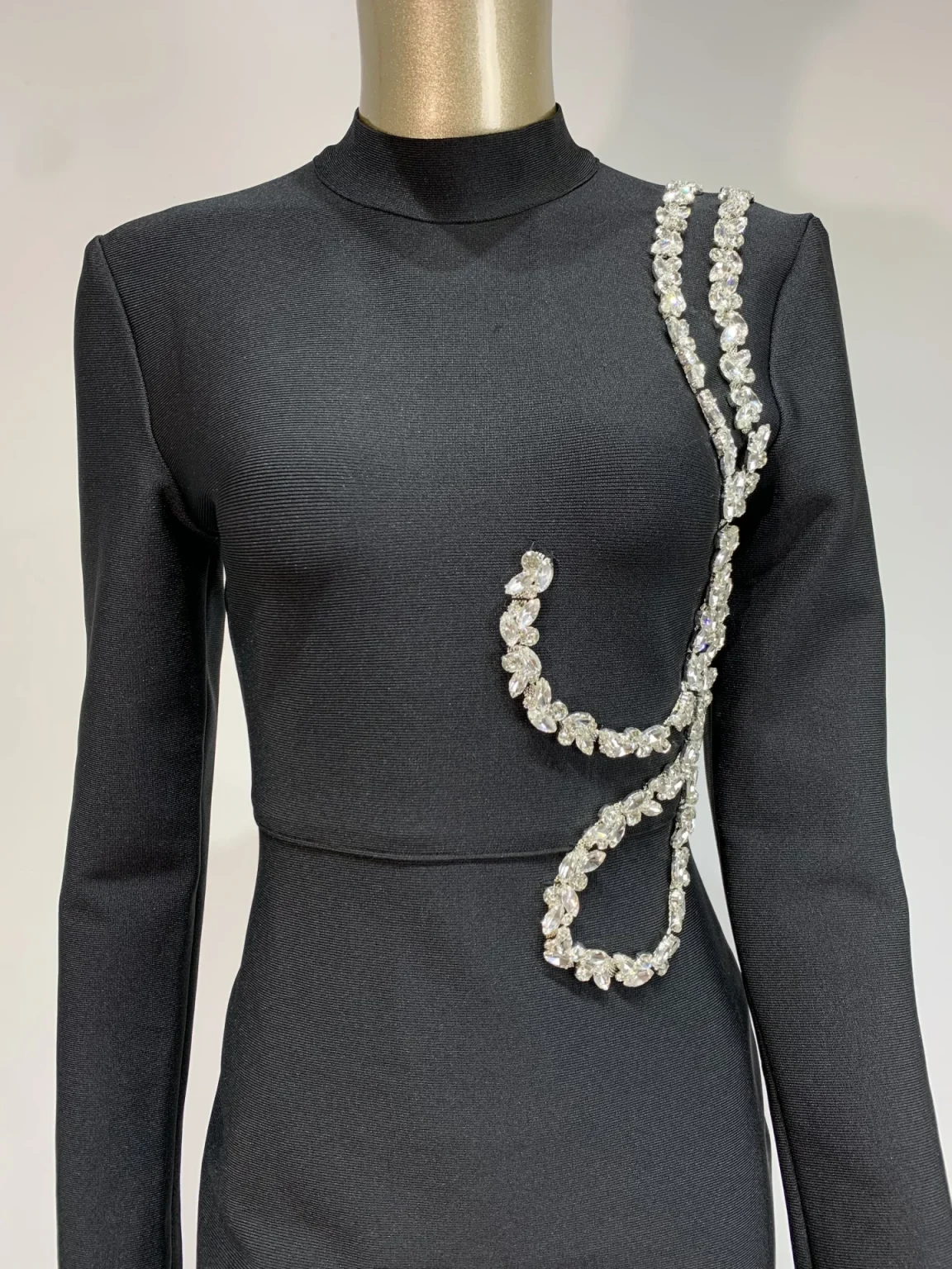 Autumen New Party Dress for Women Black Long Sleeve Half High Collar Crystal Bodycon Ankle Length Celebrity Evening Dress 4