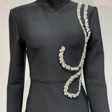 Autumen New Party Dress for Women Black Long Sleeve Half High Collar Crystal Bodycon Ankle Length Celebrity Evening Dress 4