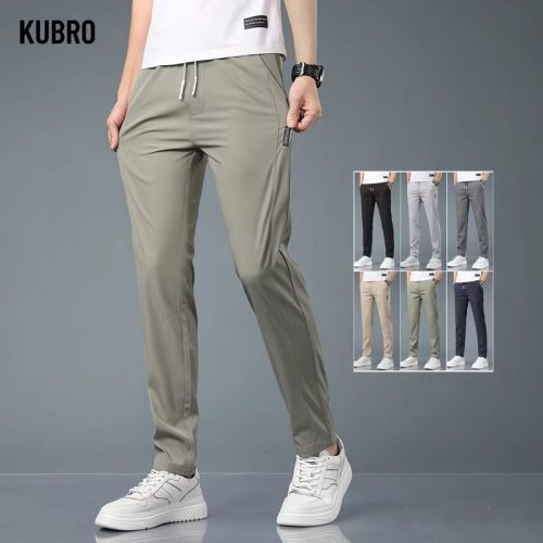 KUBRO Ice Silk Men's Pants Summer Black Gray Thin Business Casual Pants Outdoor Elastic Breathable Straight Leg Sweatpants