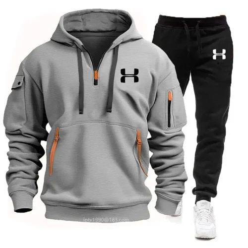 New Men's Sets Tracksuit Autumn Men Multi-pocket Zipper Hoodie + Sports Pants Two-piece Leisure Fitness Sports Men Clothing Set 1