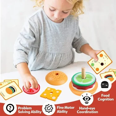 Montessori Wooden Burger Stacking Toys For Toddler Kids Preschool Learning Educational Toys Fine Motor Skill Kitchen Toys Gift 2