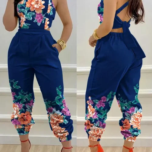 New Summer Fashion Printed Sleeveless Jumpsuit Sexy Hollow Backless Lace Up Long Jumpsuits Elegant Casual Jumpsuit With Pocket 1