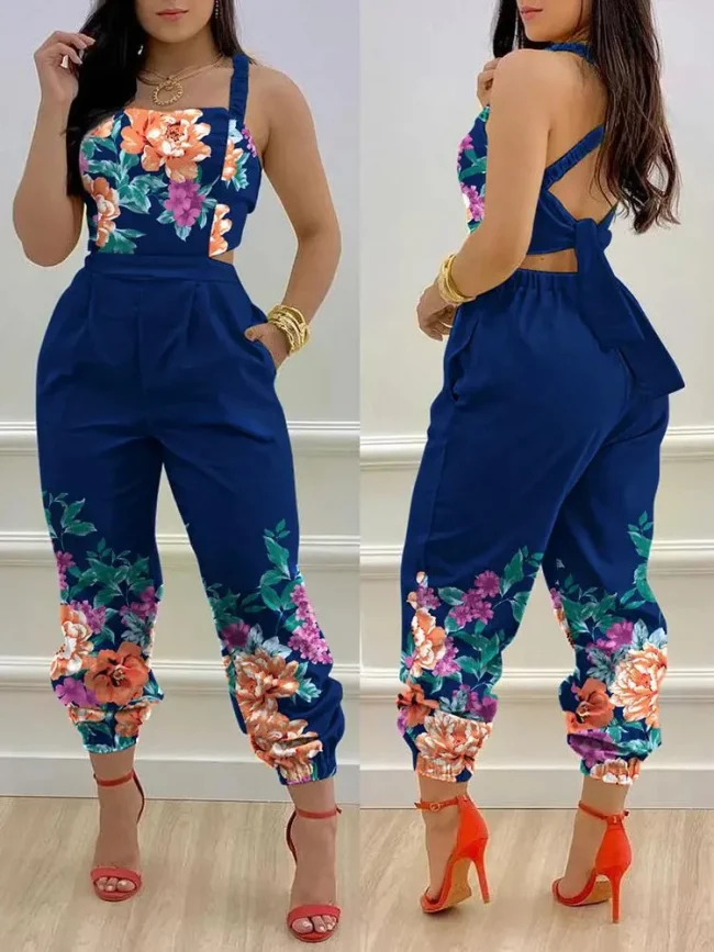 New Summer Fashion Printed Sleeveless Jumpsuit Sexy Hollow Backless Lace Up Long Jumpsuits Elegant Casual Jumpsuit With Pocket 1
