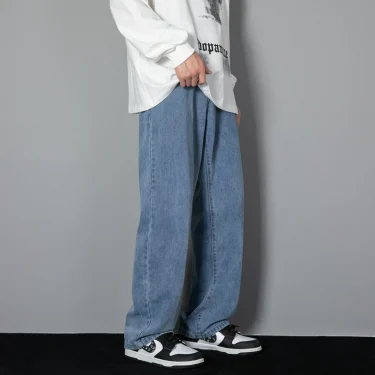 2025 New Korean Men's Casual Long Jeans Classic Man Straight Denim Wide-leg Pants Solid Color Light Blue Grey Black 3XL 4