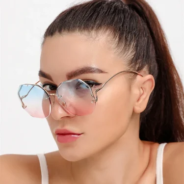 Rimless Sunglasses Polygon Fashion Popular Women Men Shades Big Frame Round Sun Glasses for Female Oculos Gradient Sunglasses 5