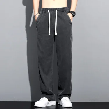 Summer Thin Soft Lyocell Fabric Jeans Men Loose Straight Wide Leg Pants Drawstring Elastic Waist Casual Trousers Plus Size M-5XL 2