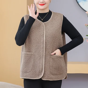 Womens Plus Size Fleece Jacket Autumn Casual Clothing Senior Sleeveless Vest Fashion Big Pocket Outwear Curve Coats T84 2363 5