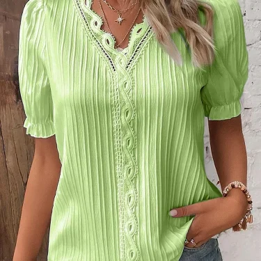 Women's Summer New Top Solid Sexy V-Neck Hollow Short Sleeve Shirt Fashion Splice Plus Size Blouse Loose Street Apparel 5