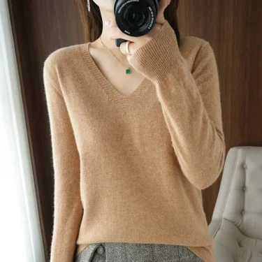 Women's Sweater Autumn Winter Knitted Pullovers V-neck Slim Fit Bottoming Shirt Solid Soft Knitwear Jumpers Basic Sweaters 2