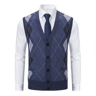 Spring Autumn Male Vest Sleeveless Sweater Fleece Warm Knitted Jackets Checkered Business Casual Button Up Coat Men's Clothing 5