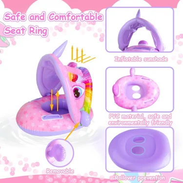 Baby Unicorn Swimming Float Ring Inflatable Infant Floating Removable Canopy Protection Sun Shelter Infant Summer Fun Pool Play 2