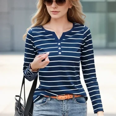 Women Spring Autumn Style Blouse shirts Tops Lady Casual Long Sleeve Striped Printed V-Neck Tops Tee 2
