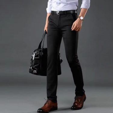 Premium Elastic Dress Trousers Men Suit Pants for Business Straight-Fit No-Iron Flat-Front Fashion Formal Pants Black Navy Blue