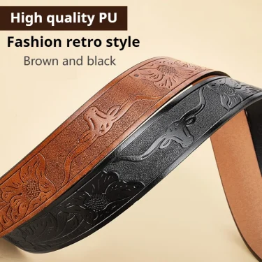OYIFAN Western Belt Cowboy Leather Belt Men Waist Strap Bull Decoration Floral Engraved for Jeans Cowgirl belt 5