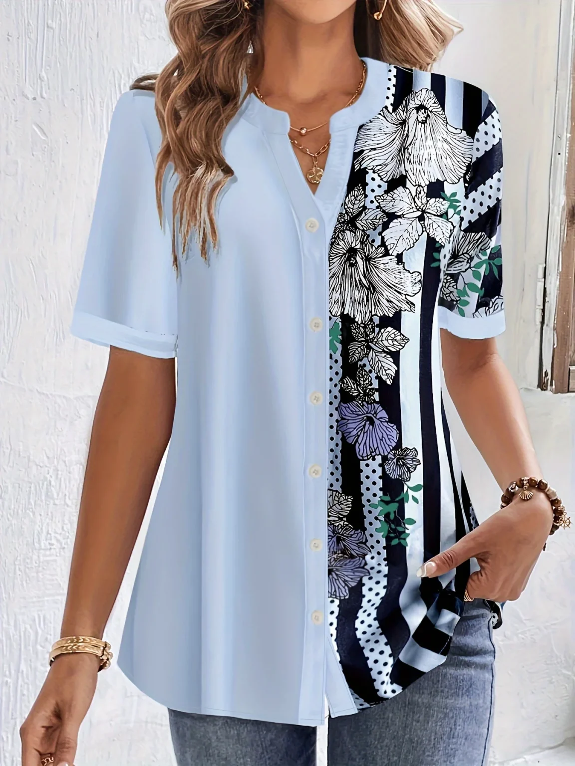 Plus Size Striped Print Blouse, Casual Round Collar Half Sleeve Blouse For Spring, Women's Plus Size Clothing 1