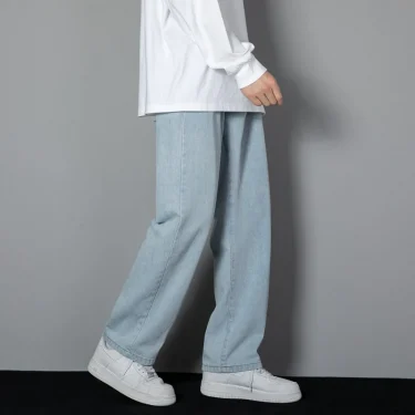2025 New Korean Men's Casual Long Jeans Classic Man Straight Denim Wide-leg Pants Solid Color Light Blue Grey Black 3XL 3