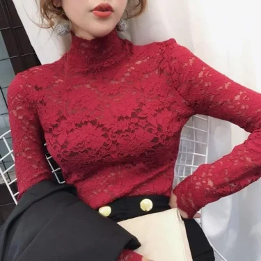 Women Blouse Half High Collar Long Sleeves Lace Top See-Through Slim Lace Crochet Patchwork Hollow Lady Tee Top Streetwear 3