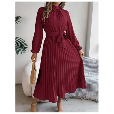 Autumn and winter elegant stand up collar long sleeved waist cinched pleated long skirt small dress women's solid color dress 5