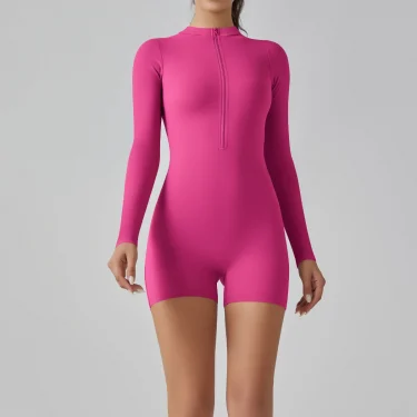Zipper Tracksuit Set Women Yoga Jumpsuit Stand Collar Half Long Sleeved High Waist Butt Lift Fitness Sports Bodysuit Leggings 3