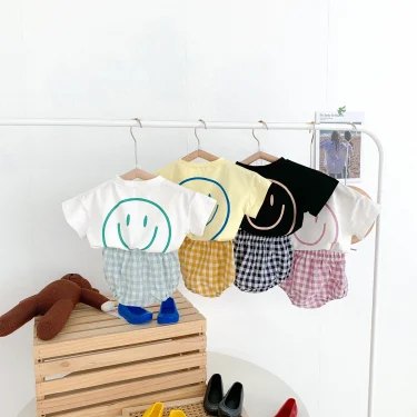 Girls Boys Cotton Smile Face Short Sleeve T-shirt + Plaid Shorts Two-pieces Suit Summer Baby Clothes Set 4