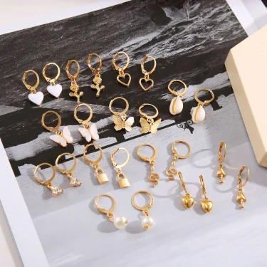 24 Pcs Boho Big Circle Hoop Earring Set for Women Gold Color Bohemia Vintage Pearl Earring Heart Zircon Ear Studs Jewelry Gifts 2