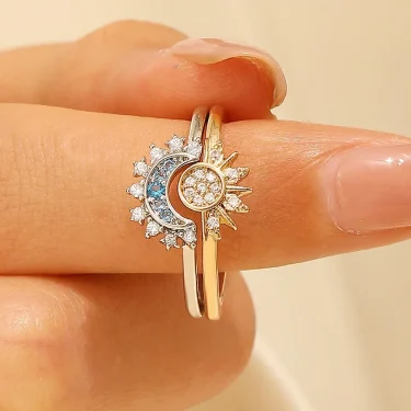 LATS New Adjustable Stackable Sparkling Moon Sun Star Ring for Women Girls Couple Elegant Jewelry Set Wedding Party Gifts 4