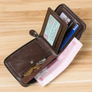 Classic Men Wallet Fashion RFID Blocking Man Leather Wallet Coin Purse Zipper Business Card Holder ID Money Bag Male Short Purse 6