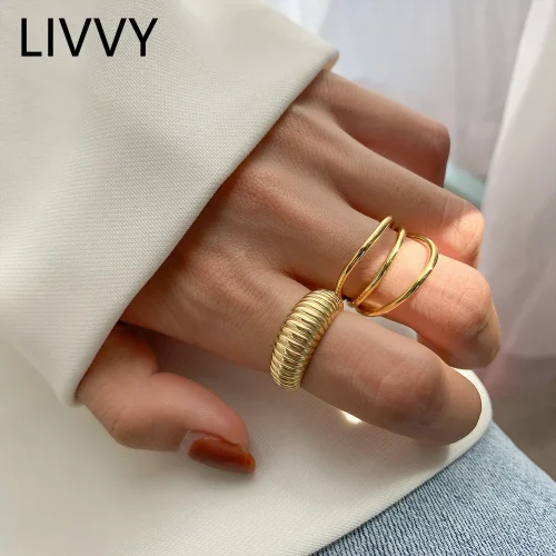 LIVVY Gold Color three layers Rings For Women Vintage Strips Engagement Rings Jewelry 2021 Trend 1