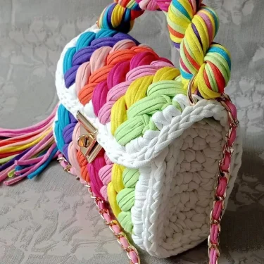 Lady Shoulder Bag Handmade Crochet Bag Woven Bag Fabric Strip Luxury Designer Handbag Purses for Women Tote Bags 4