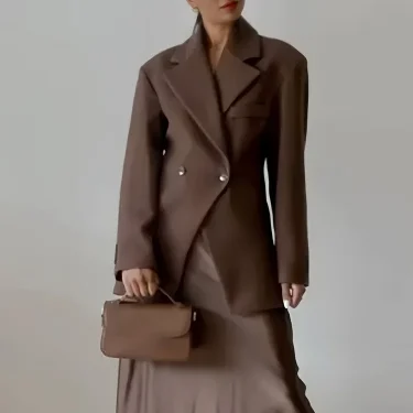 TRAFZA 2025 Female Coats Solid Brown Turn-Down Collar Long Sleeves Pockets 2 Buttons Blazers Autumn Woman's Clothing Vintage 1