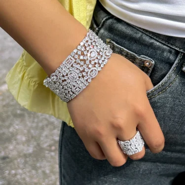 CWWZircons Luxury Chunky Cubic Zirconia Inlay Wide Big Open Cuff Bangle and Ring Dubai Wedding Bridal Party Jewelry Sets T749 5