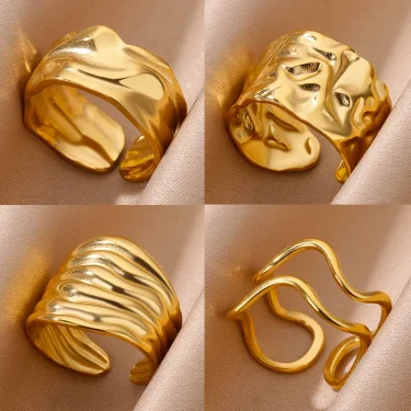 Irregular Geometric Chunky Opening Rings for Women Stainless Steel Gold Color Wedding Ring Aesthetic Fashion Jewelry Party Gift 1