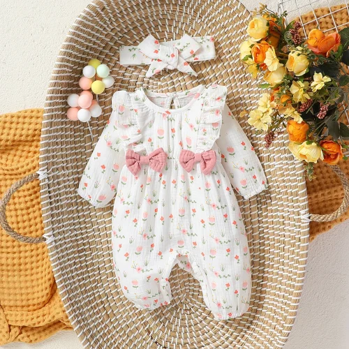 Baby Girl's All Seasons Long Sleeve Print Floral With Bow Daily Jumpsuit For Newborn-6M Clothes +Headband 1