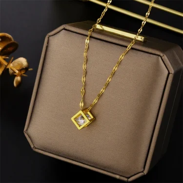 Classic Zircon Crystal Inside Hollow Square Stainless Steel Necklace For Women Korean Fashion Sexy Female Clavicle Chain Jewelry 5