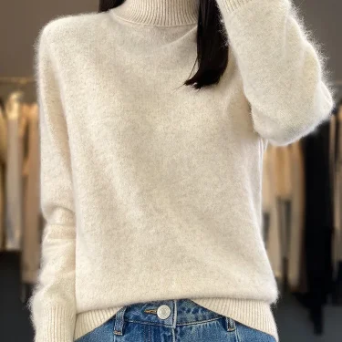 100% Mink Cashmere Women Sweater Basic Bottoming Female Pullover Long Sleeve New Knitwear Tops Turn Down Collar Autumn Winter 4